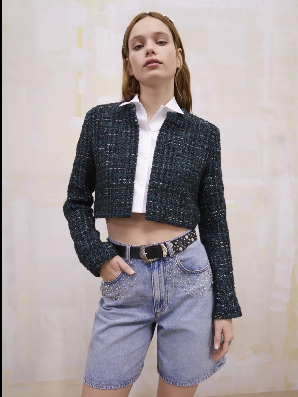 MAJE Cropped Tweed Jacket in Dark Teal - Women's Smart Layer
